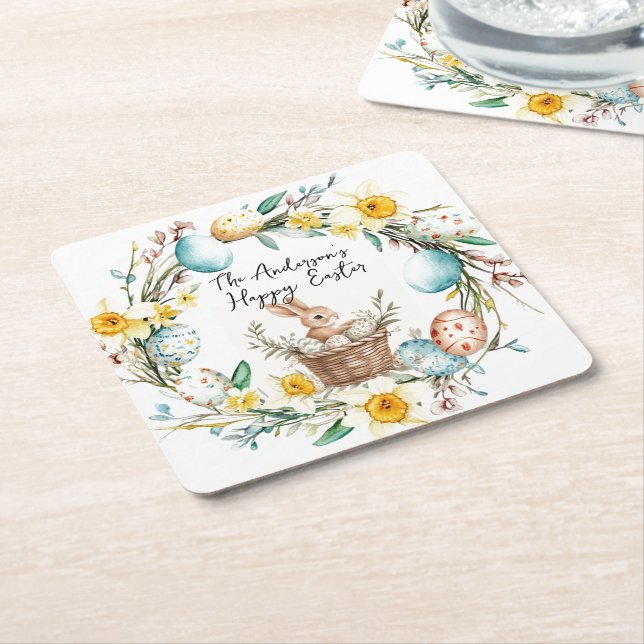 Happy Osterbanny mit Korb und blumengeschmückten O Rechteckiger Pappuntersetzer (angewinkelt)