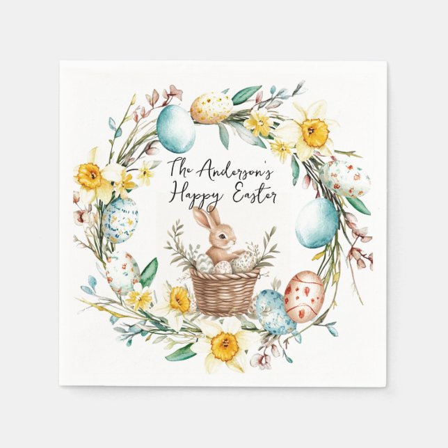 Happy Osterbanny mit Korb und blumengeschmückten O Serviette (Vorderseite)