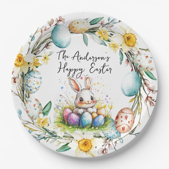 Happy Osterbanny und blumengeschmückte Osterfeier Pappteller (Vorderseite)
