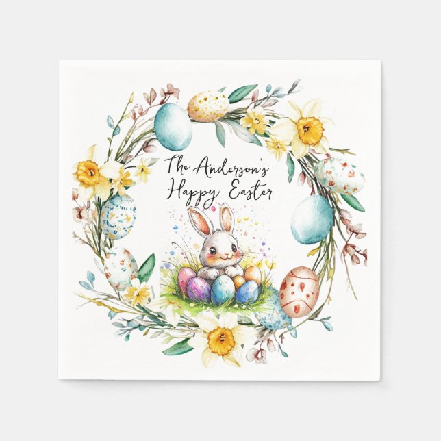 Happy Osterbanny und blumengeschmückte Osterfeier Serviette (Vorderseite)