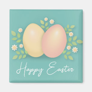Happy Ostereier und Blume weich blau pink Magnet