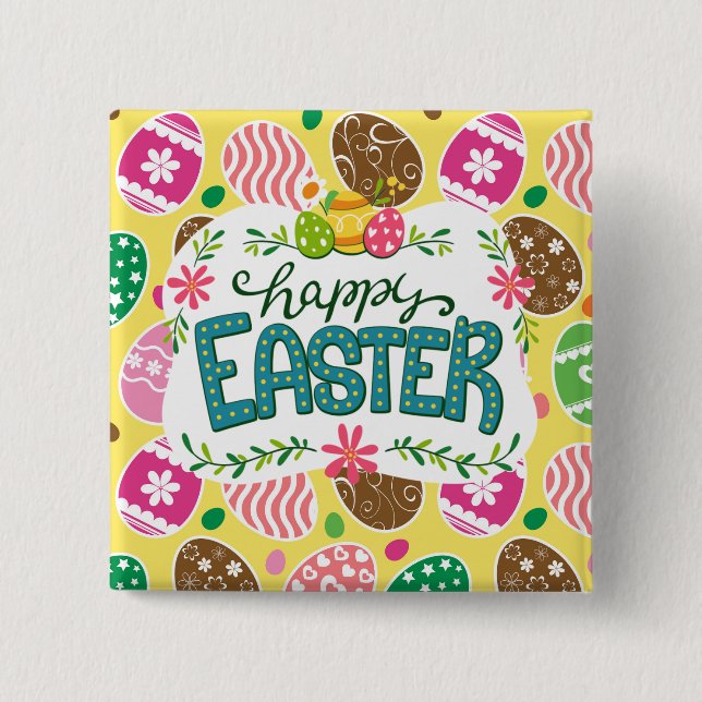 Happy Osterfarbene Ostereier Muster gelb Button (Vorderseite)