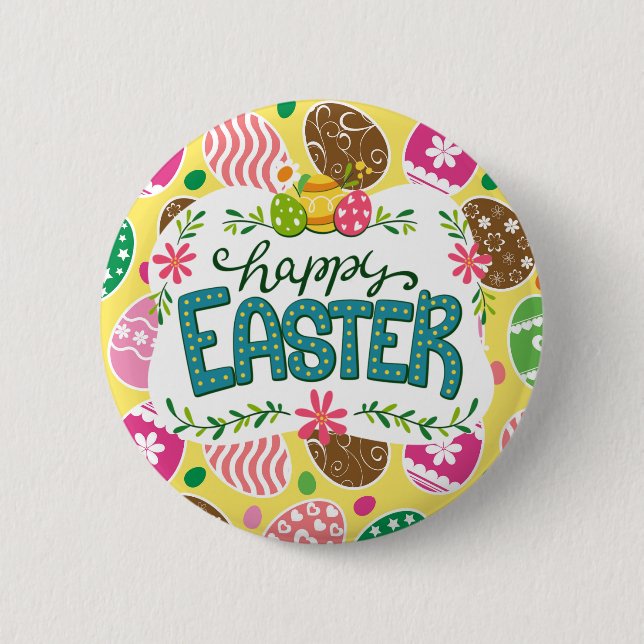 Happy Osterfarbene Ostereier Muster gelb Button (Vorderseite)
