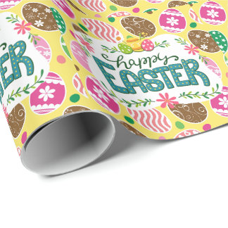 Happy Osterfarbene Ostereier Muster gelb Geschenkpapier