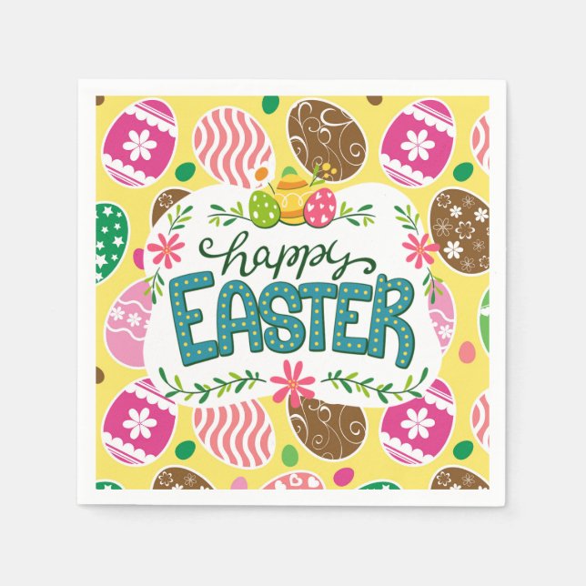 Happy Osterfarbene Ostereier Muster gelb Serviette (Vorderseite)