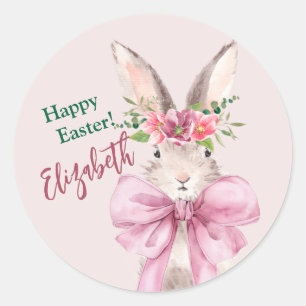 Happy Osterkaninchen Modernes Pink-Bogen-Hase Runder Aufkleber