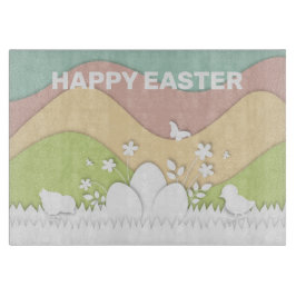 Happy Osterküken und Eierpastellfarben Schneidebrett