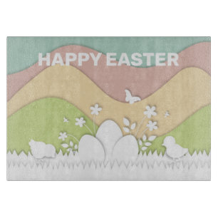 Happy Osterküken und Eierpastellfarben Schneidebrett