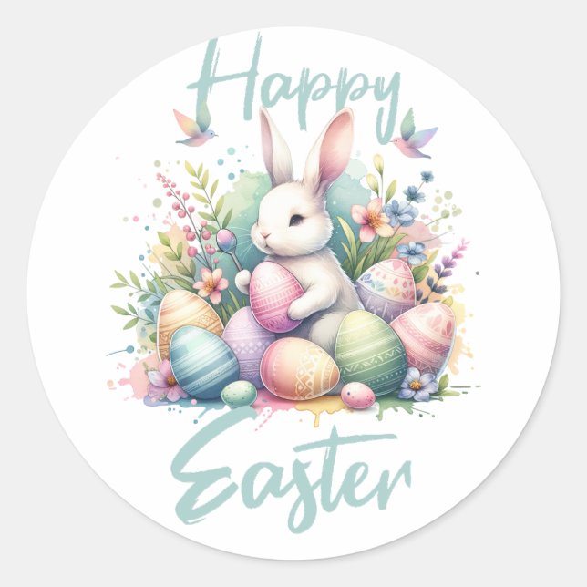 Happy Osterpastel Ostern Bunny Egg Aquarell Runder Aufkleber (Vorderseite)