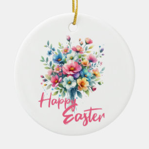 Happy Osterpastellrosa Frühlingsbukett Blume Keramik Ornament