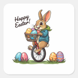Happy Ostersonne auf einem Einrad mit Korb von Eg Quadratischer Aufkleber