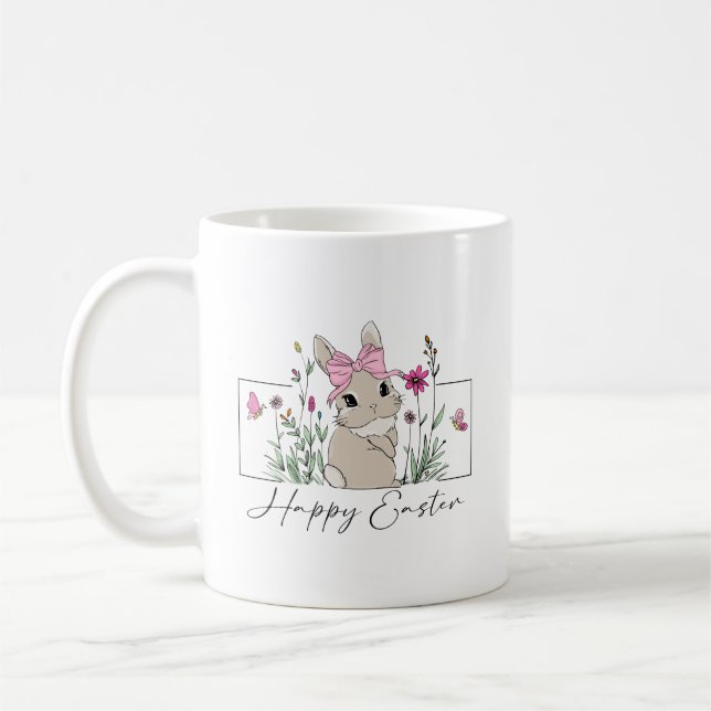Happy Ostersonne mit Blumendesign und rosa Bow Kaffeetasse (Links)