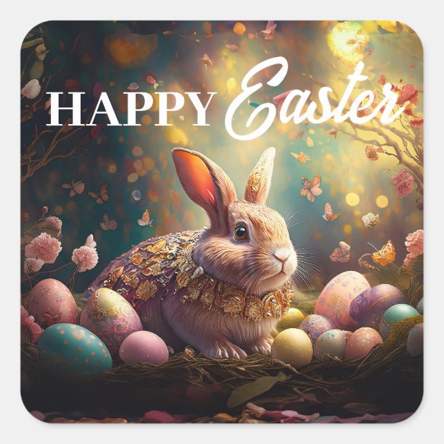 Happy Ostersonne mit Ostereiern Quadratischer Aufkleber (Vorderseite)