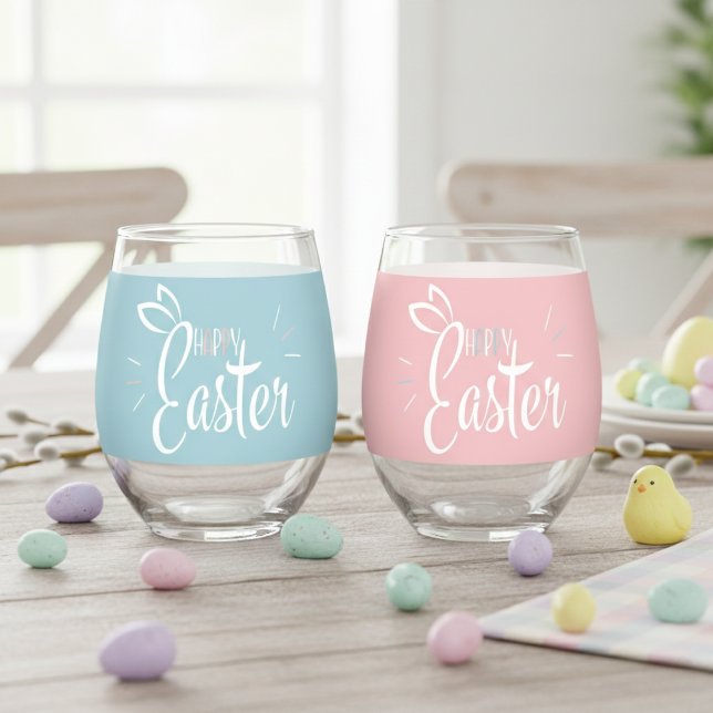 Happy Ostersonnigen Ohren Niedlich rosa und blau R Weinglas Ohne Stiel (Happy Easter Bunny Ears Cute Pink And Blue Retro Stemless Wine Glass)