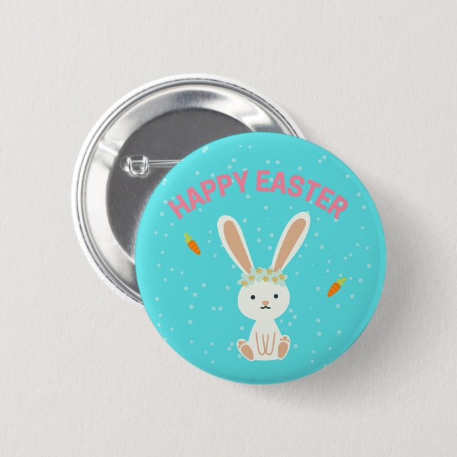 Happy Osterweißer Hase auf blau Button (Vorne & Hinten)
