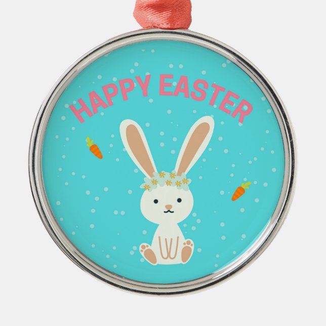 Happy Osterweißer Hase auf blau Ornament Aus Metall (Vorne)
