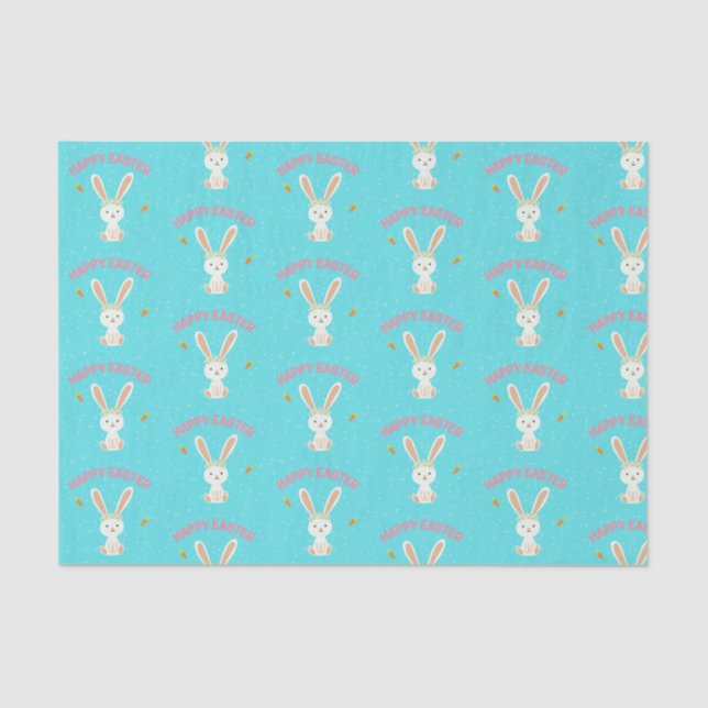 Happy Osterweißer Hase auf blau Seidenpapier (Vorderseite)