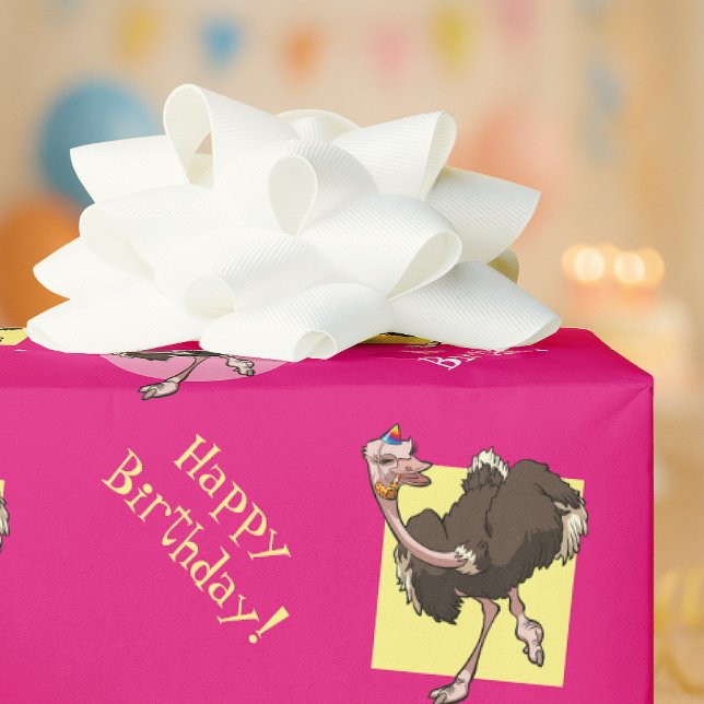 Happy Ostrich tanzen in Party Hat Cartoon Geschenkpapier (Von Creator hochgeladen)