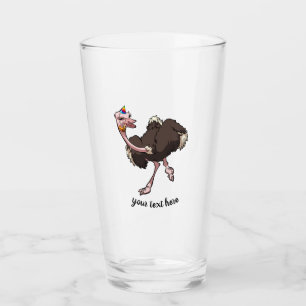 Happy Ostrich tanzen in Party Hat Cartoon Glas