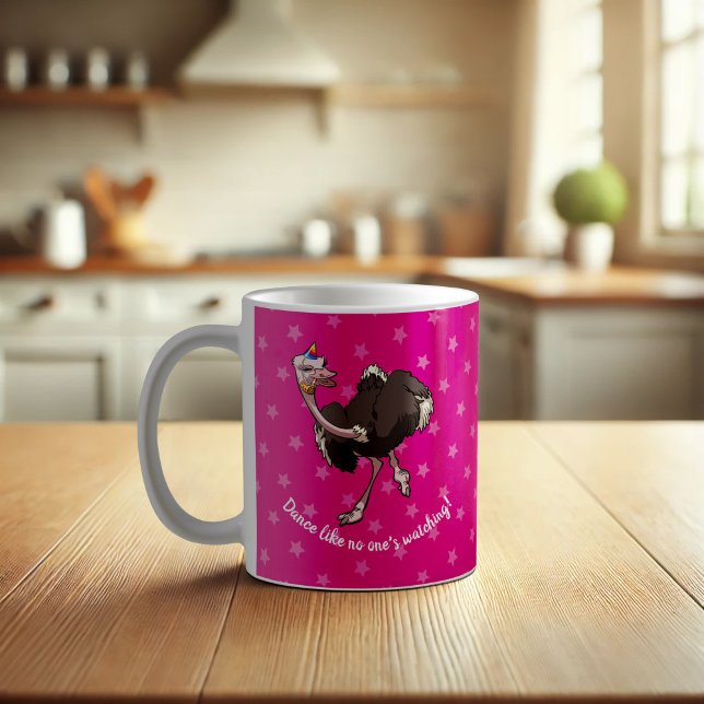 Happy Ostrich tanzen in Party Hat Cartoon Kaffeetasse (Von Creator hochgeladen)