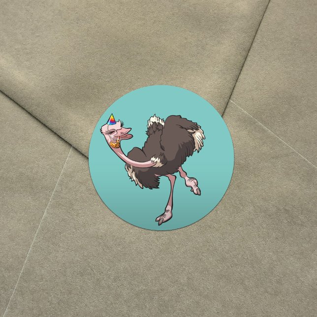 Happy Ostrich tanzen in Party Hat Cartoon Runder Aufkleber (Von Creator hochgeladen)