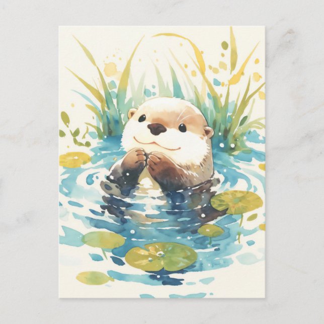 Happy Otter in Watercolor Lily Pond Postkarte (Vorderseite)