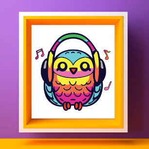 Happy Owl mit Kopfhörern, die Musik hören. Fotodruck