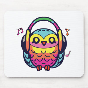 Happy Owl mit Kopfhörern, die Musik hören. Mousepad