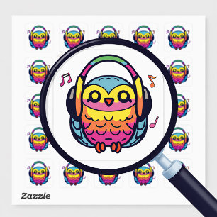 Happy Owl mit Kopfhörern, die Musik hören. Quadratischer Aufkleber