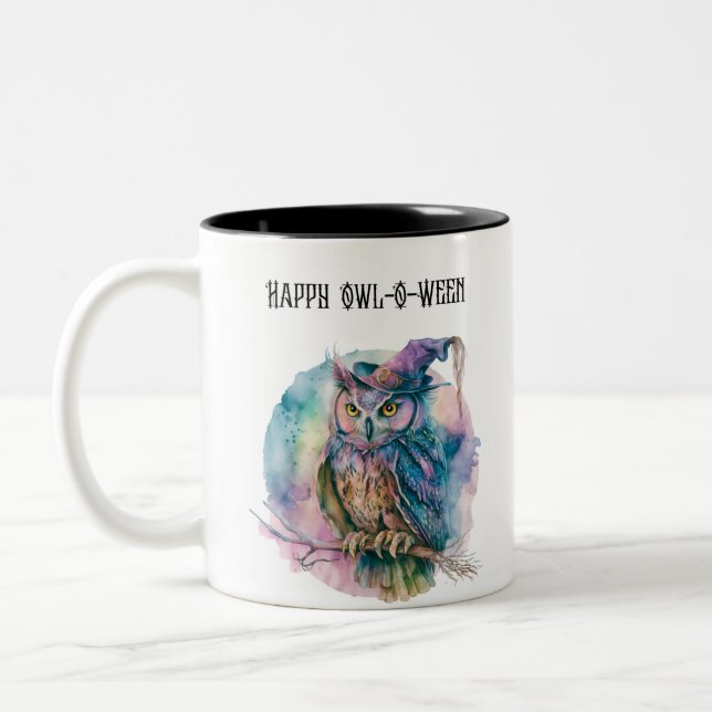 Happy Owl-O-Ween Owl Creepy Spooky Fun Halloween Zweifarbige Tasse (Links)