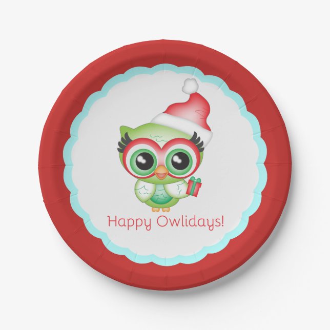Happy Owlidays Weihnachten Weihnachtsmannmütze Hol Pappteller (Vorderseite)