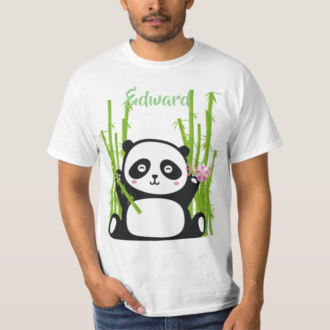 Happy Panda mit Bamboo & Cherry Blossom T-Shirt (Vorderseite)