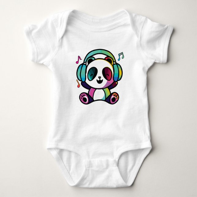 Happy Panda mit Kopfhörern, die Musik hören. Baby Strampler (Vorderseite)