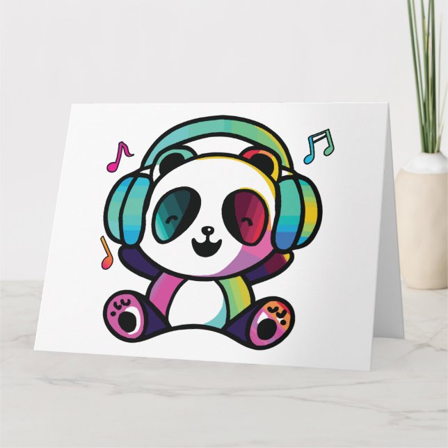 Happy Panda mit Kopfhörern, die Musik hören. Dankeskarte (Vorderseite)