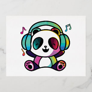 Happy Panda mit Kopfhörern, die Musik hören. Folien Feiertagspostkarte
