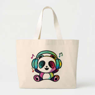 Happy Panda mit Kopfhörern, die Musik hören. Jumbo Stoffbeutel