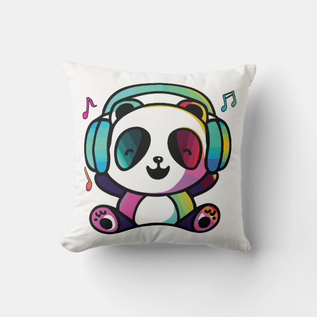 Happy Panda mit Kopfhörern, die Musik hören. Kissen (Vorderseite)