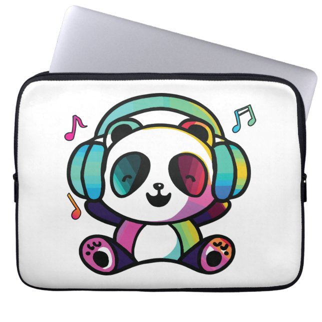 Happy Panda mit Kopfhörern, die Musik hören. Laptopschutzhülle (Vorderseite)