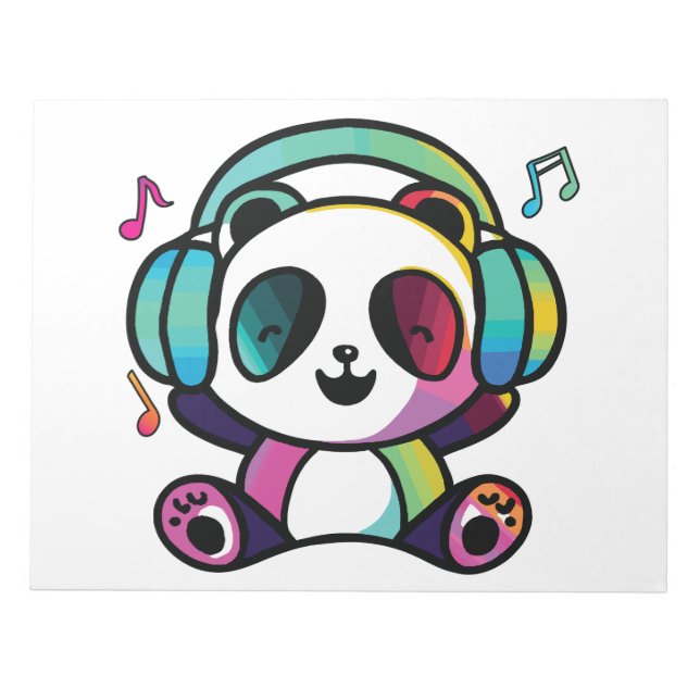 Happy Panda mit Kopfhörern, die Musik hören. Notizblock (Vorderseite)