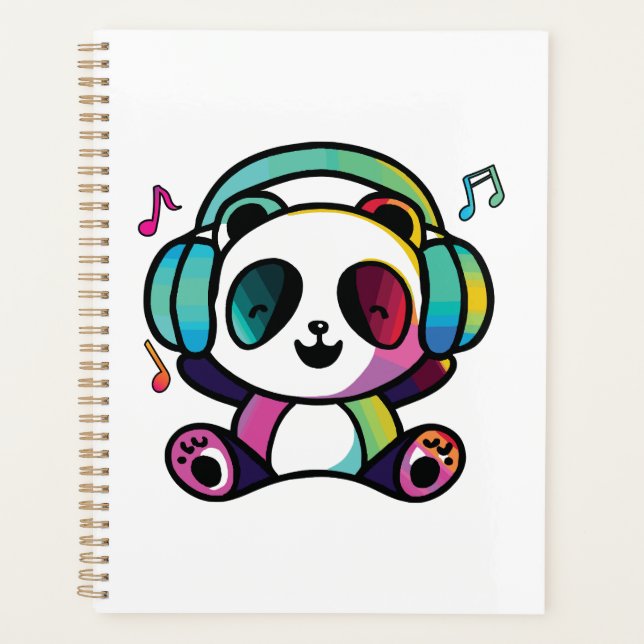 Happy Panda mit Kopfhörern, die Musik hören. Planer (Vorderseite)