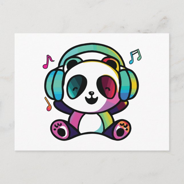 Happy Panda mit Kopfhörern, die Musik hören. Postkarte (Vorderseite)