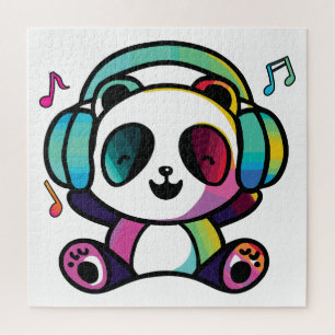 Happy Panda mit Kopfhörern, die Musik hören. Puzzle