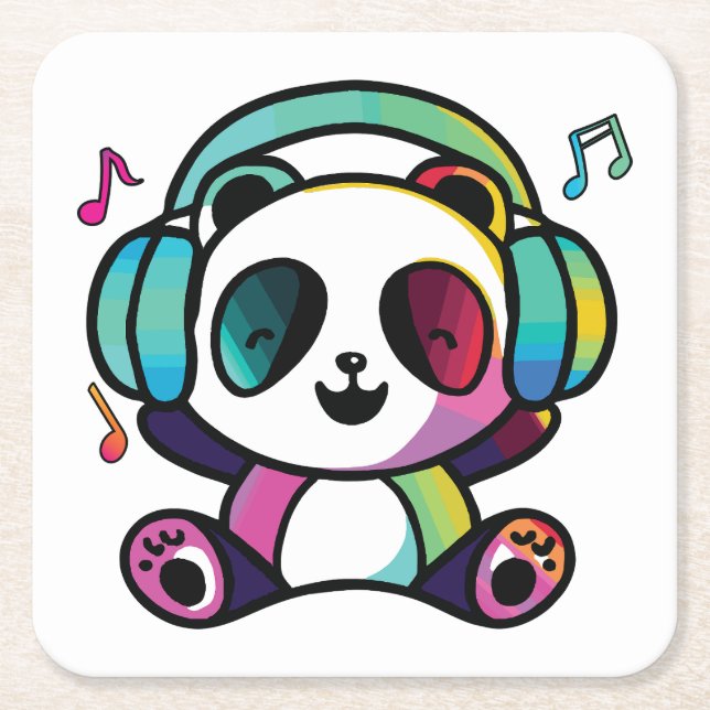 Happy Panda mit Kopfhörern, die Musik hören. Rechteckiger Pappuntersetzer (Vorderseite)