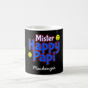 Happy Papi mit Smile Emojis und Name auf BLACK Kaffeetasse