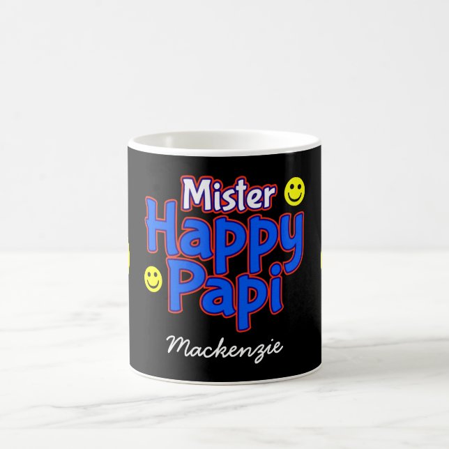 Happy Papi mit Smile Emojis und Name auf BLACK Kaffeetasse (Mittel)