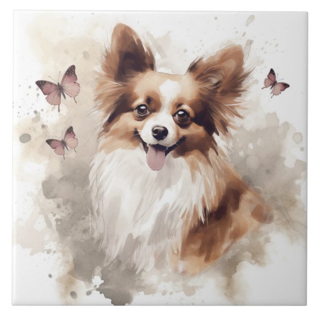 Happy Papillon Dog Watercolor Fliese (Vorderseite)