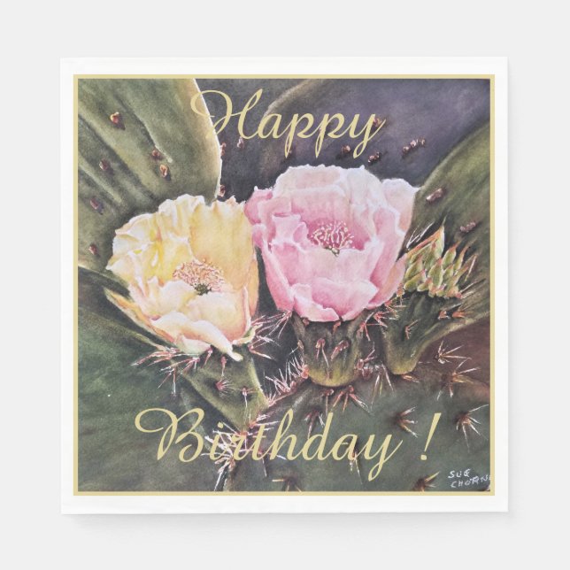 Happy Party Celebration Yellow Pink Cactus Blume Serviette (Vorderseite)