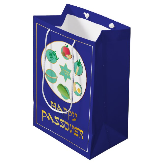 Happy Passover in blau Mittlere Geschenktüte (Vorderseite Schrägansicht)
