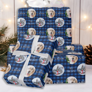 Happy Pawlidays Blue Holiday Kariert Cat Dog Foto Geschenkpapier