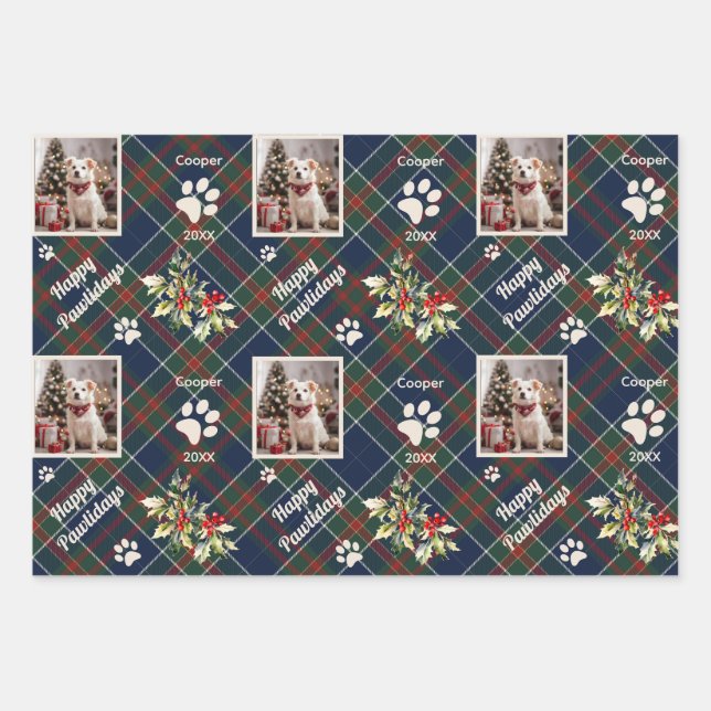 Happy Pawlidays Dog Blue Karierte Weihnachten Geschenkpapier Set (Vorderseite)